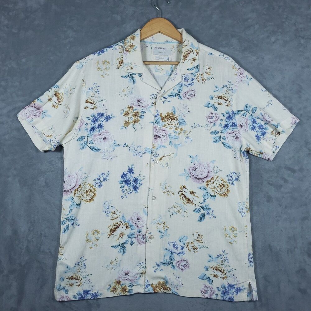Porter & Ash Linen Shirt Mens Large Floral Short Sleeve Button Casual Summer